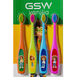 4-Pack Kids’ Soft-Bristle Toothbrush Set – Small Head & Wide Short Handle with Cartoon Prints (Blister Card)